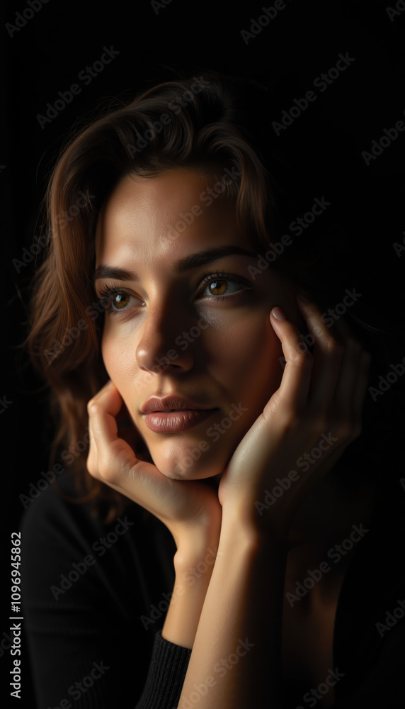 Fototapeta premium Artistic Close-Up Portrait of a Thoughtful Young Woman with Hands Framing Her Face in Moody Low-Key Lighting and Deep Shadows