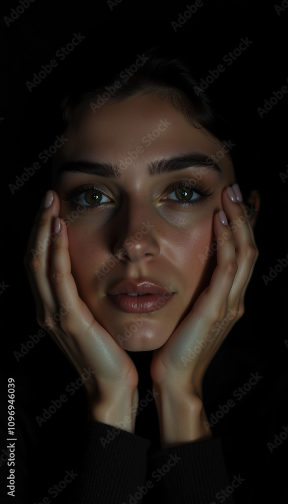 Artistic Close-Up Portrait of a Thoughtful Young Woman with Hands Framing Her Face in Moody Low-Key Lighting and Deep Shadows Artistic Close-Up Portrait of a Thoughtful Young Woman with Hands Framing Her Face in Moody Low-Key Lighting and Deep Shadows
