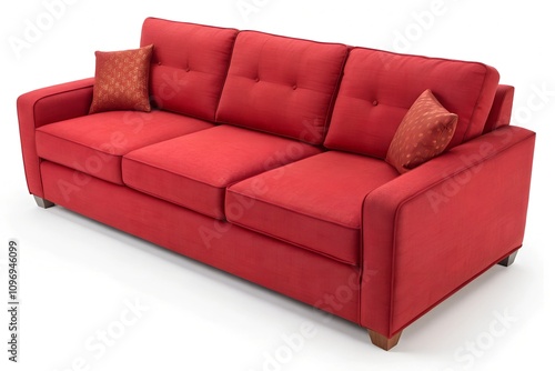 A modern red fabric sofa with tufted back cushions and decorative pillows, standing on wooden legs. Elegant and cozy, perfect for living room decor, isolated on white background.