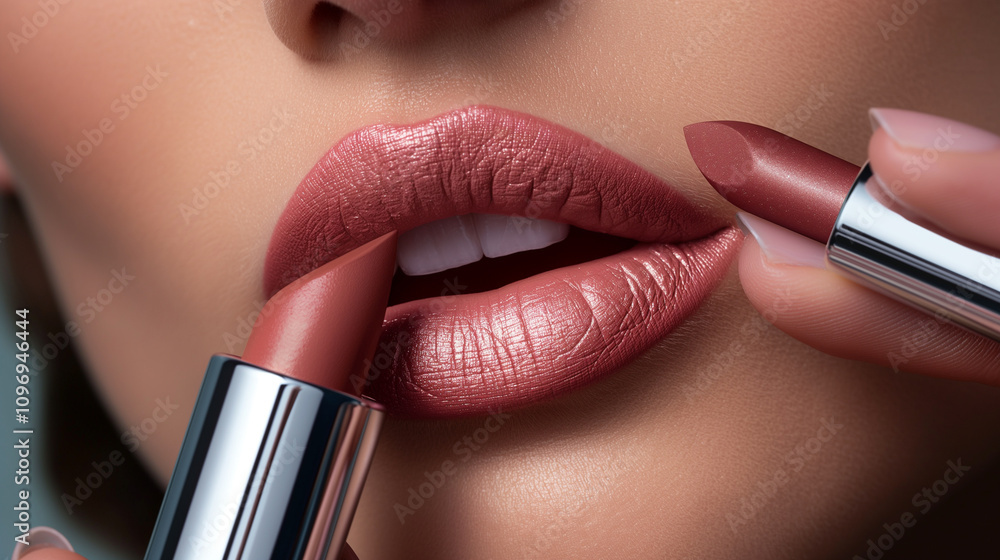 Obraz premium Close-Up of Lush Lips Applying Rose-Tinted Lipstick