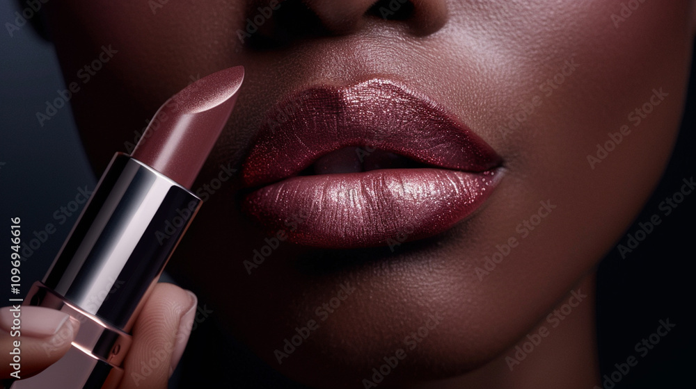 Obraz premium Close-Up of Lush Lips Applying Rose-Tinted Lipstick