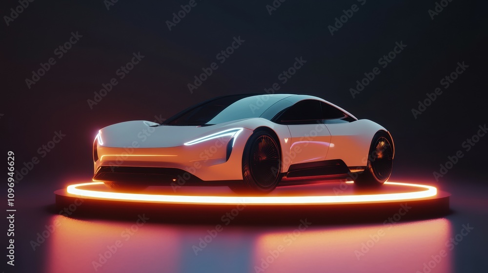Naklejka premium Futuristic electric car model on floating podium studio environment digital art concept