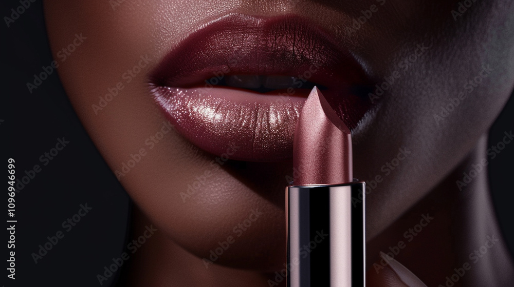 Obraz premium Close-Up of Lush Lips Applying Rose-Tinted Lipstick