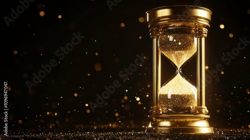 A golden hourglass with sparkling sand against a black background