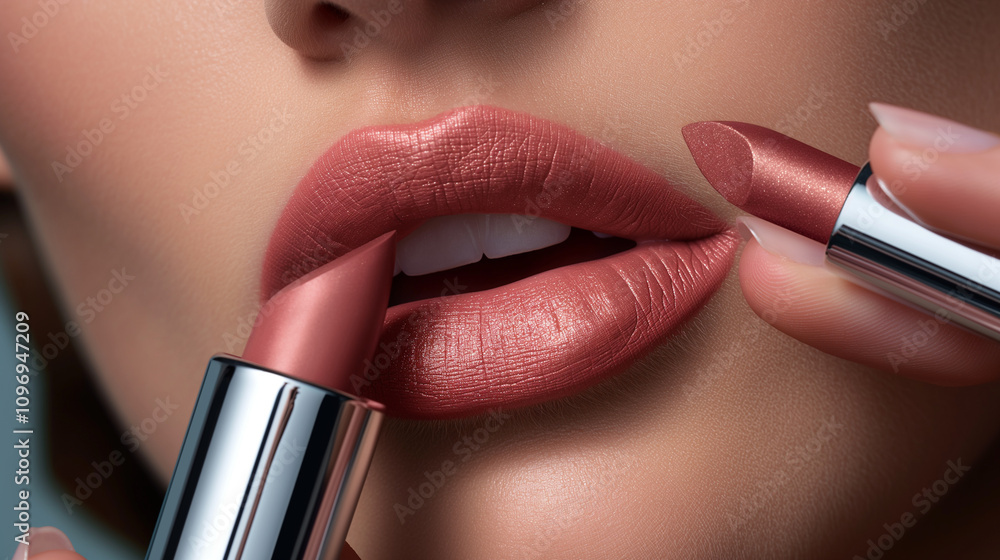 Obraz premium Close-Up of Lush Lips Applying Rose-Tinted Lipstick