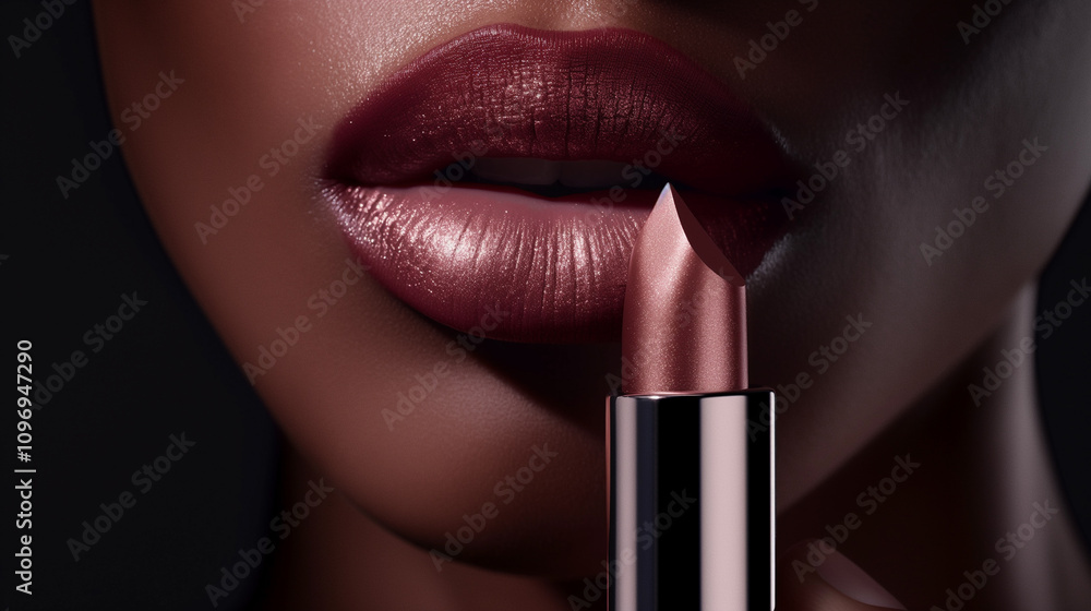 Obraz premium Close-Up of Lush Lips Applying Rose-Tinted Lipstick