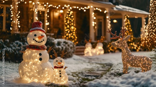 A whimsical garden with a mix snowmen and reindeer lawn ornaments, illuminated with fairy lights