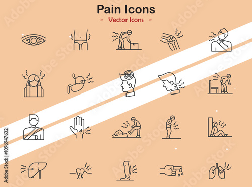 Icons representing pain relief and health themes in vector style