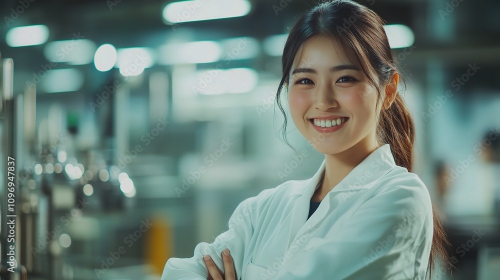 Obraz premium Happy Asian Female Engineer Smiling While Working in Factory