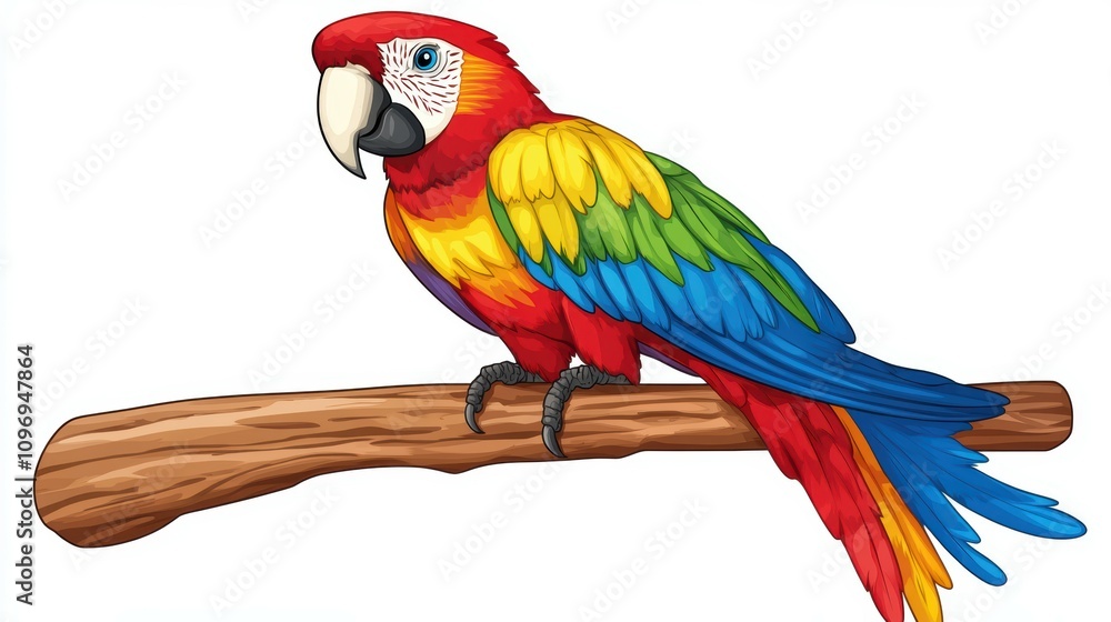 Obraz premium Brightly colored macaw perched on a wooden branch tropical forest wildlife photography nature close-up vibrant colors