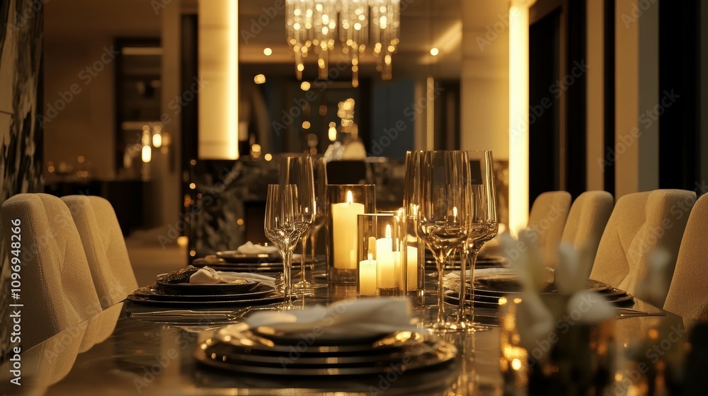 Elegant luxury dining table set with candles modern home interior design nighttime cozy atmosphere Elegant luxury dining table set with candles modern home interior design nighttime cozy atmosphere