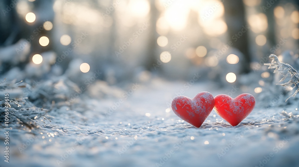 Two Red Hearts in Snow for Valentine's Day Celebration. AI generated illustration Two Red Hearts in Snow for Valentine's Day Celebration. AI generated illustration