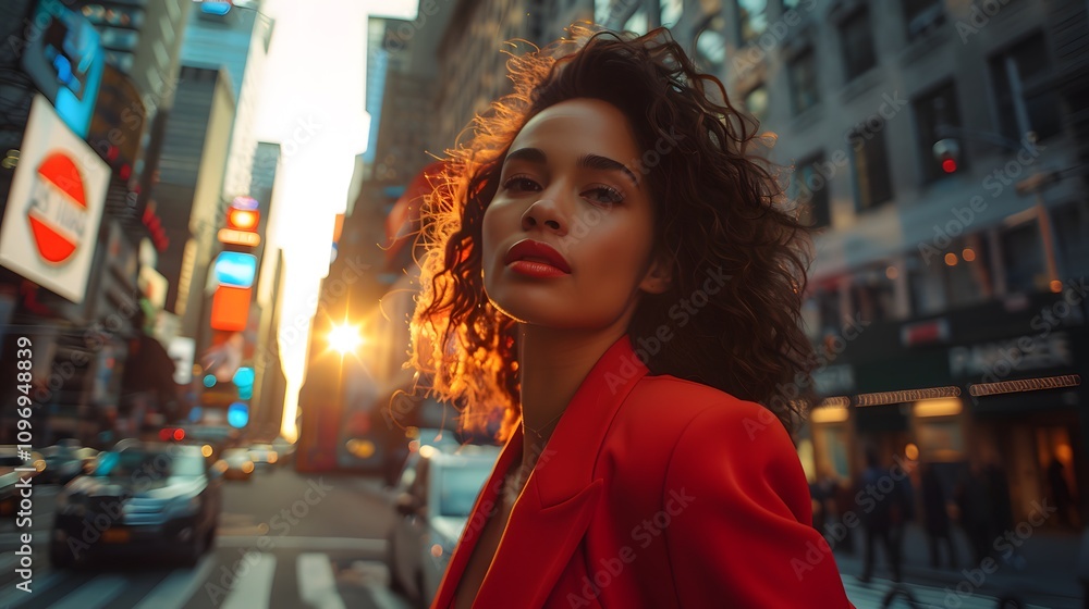 The photo features a confident woman in a sharp red blazer, standing on a bustling city street corner, Photography, National Geographic Style, energetic cityscape, dynamic lighting, a powerful visual The photo features a confident woman in a sharp red blazer, standing on a bustling city street corner, Photography, National Geographic Style, energetic cityscape, dynamic lighting, a powerful visual