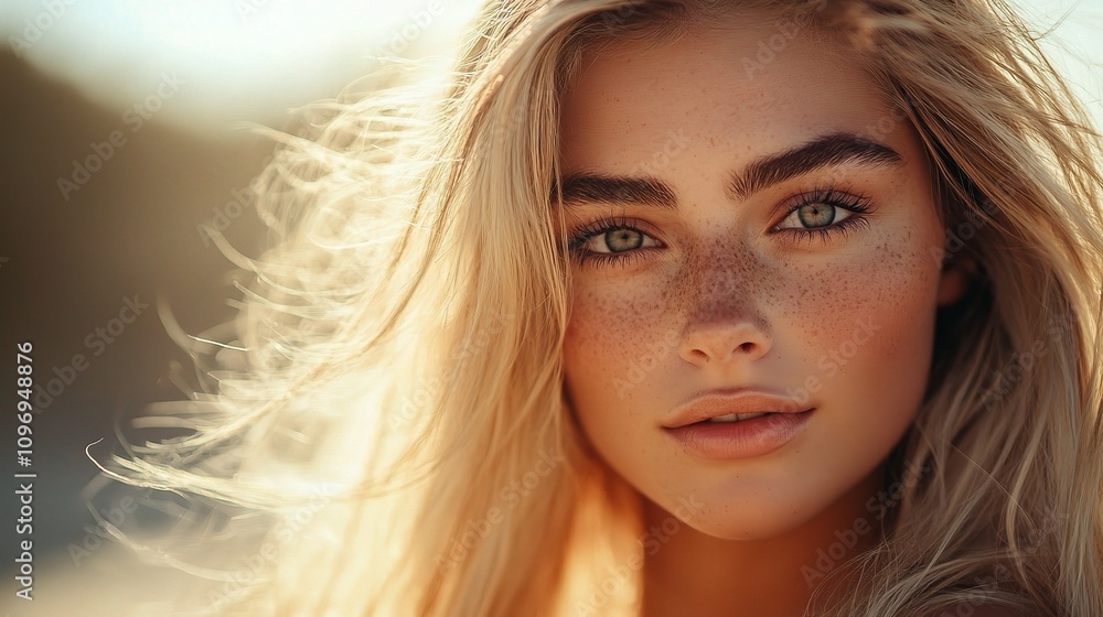 Golden Hour Beauty: Freckles and sun-kissed blonde hair, a young woman's portrait captures the essence of natural beauty in the warm glow of sunset. Golden Hour Beauty: Freckles and sun-kissed blonde hair, a young woman's portrait captures the essence of natural beauty in the warm glow of sunset.