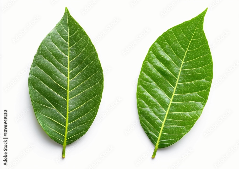 Obraz premium Green Cocoa Leaves on a White Background. Fresh Cocoa Tree Leaves
