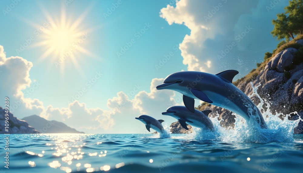 Fototapeta Three dolphins leap from ocean water. Sunny day. Blue sea. Coastal rocks. Wildlife scene. Marine mammals jump. Aquatic animals swim. Nature photo. Ocean jump.