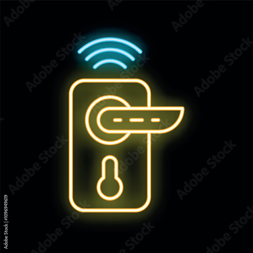 Glowing neon line icon of a smart door lock sending a wifi signal