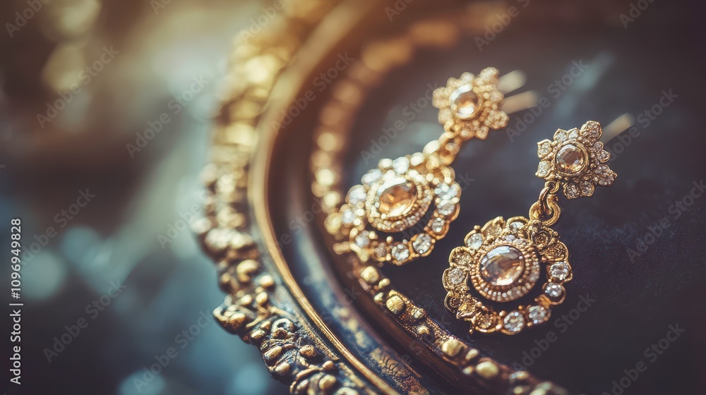 Obraz premium Beautiful antique earrings displayed elegantly on an ornate frame showcasing intricate design, shimmering gemstones, and a timeless elegance perfect for fashion lovers and jewelry enthusiasts.