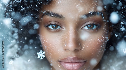 Woman with Flawless Complexion in Snowy Winter Scene