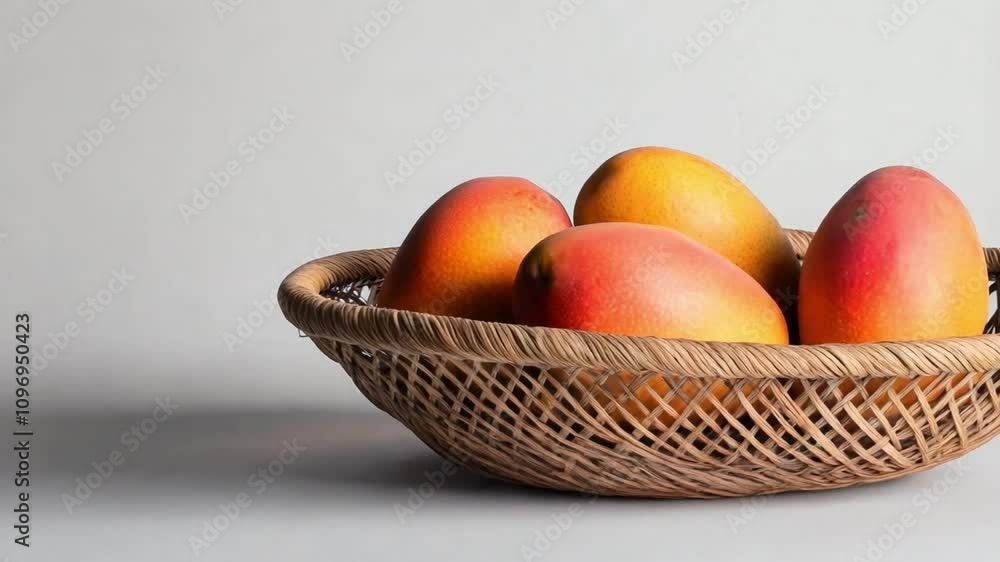 Fresh mangoes in a woven basket on a neutral background ready for a summer dessert or snack Fresh mangoes in a woven basket on a neutral background ready for a summer dessert or snack