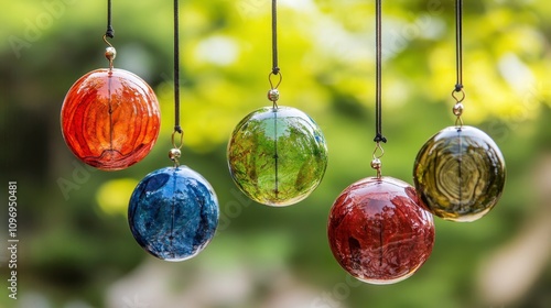 Colorful Glass Orbs Hanging in Natural Setting photo