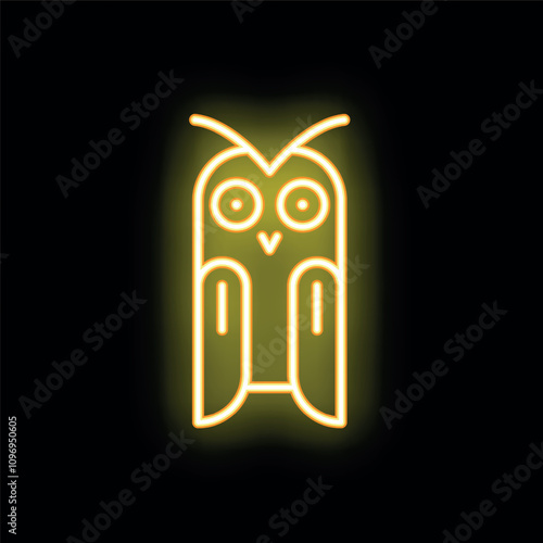 Neon yellow icon of an owl glowing on black background