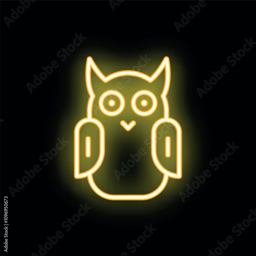 Yellow neon sign showing a cute owl with big eyes on a black background