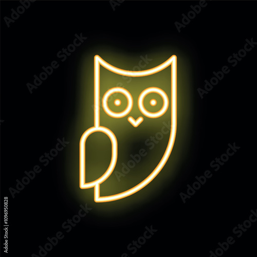 Yellow neon sign representing an owl staring with big eyes on a black background