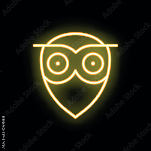 Neon sign in the shape of an owl glowing on a black background