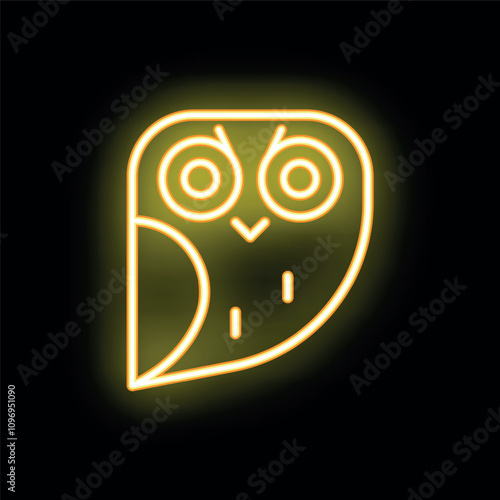 Bright yellow neon sign in the shape of an owl glowing on a black background