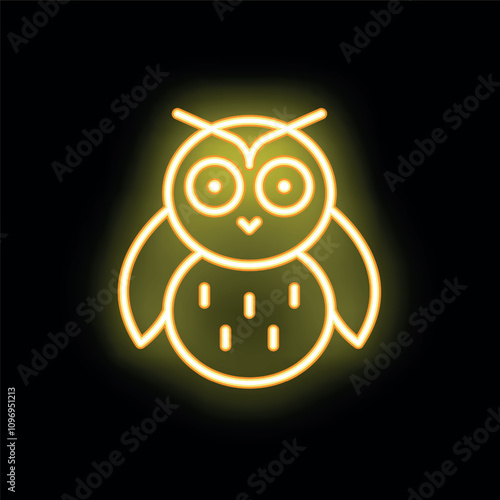 Glowing neon icon of an owl with big eyes, spreading its wings, on a black background