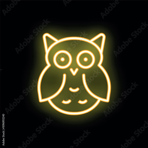 Yellow neon sign showing a cute cartoon owl, glowing on black background
