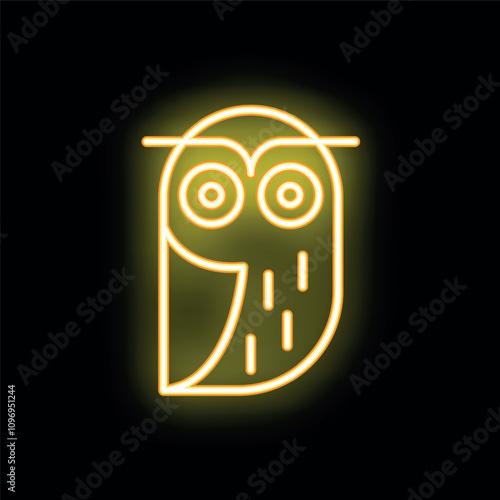 Bright yellow neon sign of an owl looking straight ahead is depicted on a black background