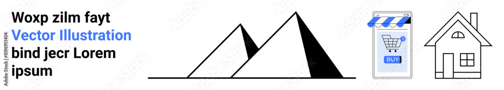 Abstract mountain range, smartphone with shopping cart, simplistic house outline. Ideal for web design, digital marketing, e-commerce, outdoor themes, real estate, technology, minimalism. Landing Abstract mountain range, smartphone with shopping cart, simplistic house outline. Ideal for web design, digital marketing, e-commerce, outdoor themes, real estate, technology, minimalism. Landing