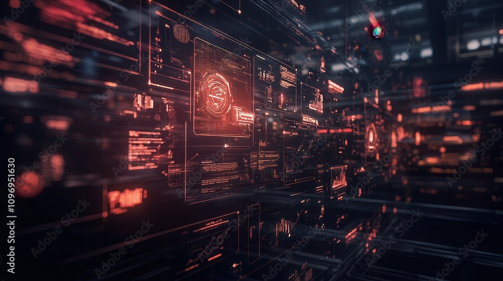 A futuristic digital interface with glowing data patterns and intricate details, creating an immersive cybernetic landscape. A futuristic digital interface with glowing data patterns and intricate details, creating an immersive cybernetic landscape.