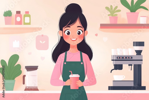 A cheerful barista stands in a cozy cafe, holding a drink. Shelves filled with plants and products create a vibrant, welcoming atmosphere.