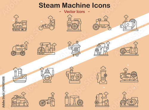 Icons illustrating steam machines and industrial themes in vector style photo