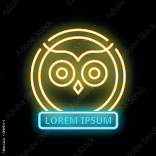Yellow neon sign representing the stylized head of an owl with big eyes, on a black background and a customizable banner