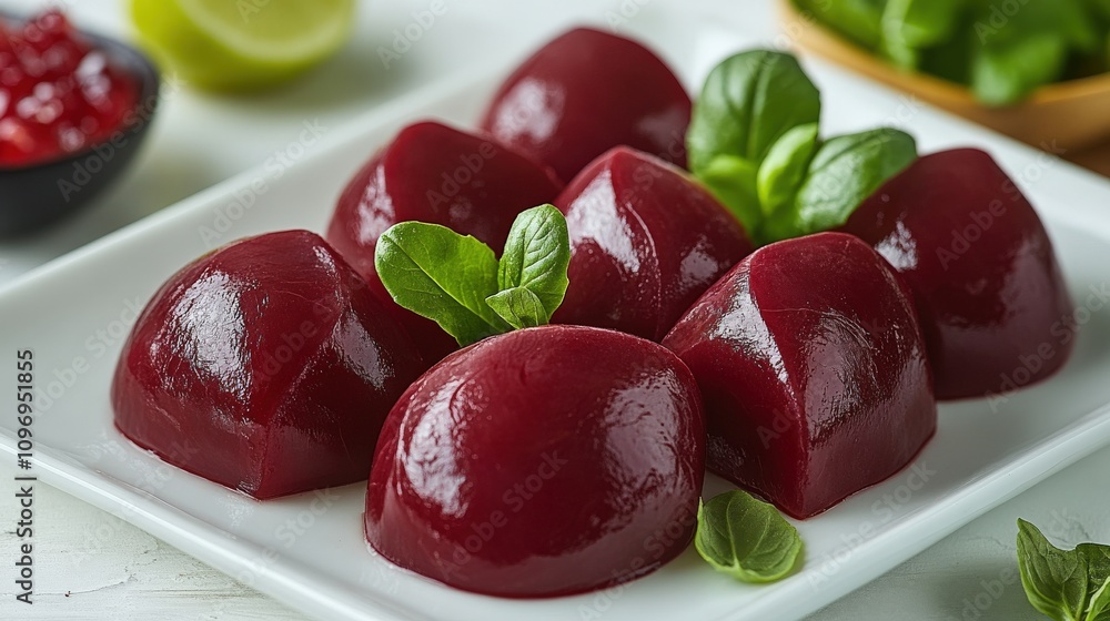 A plate of glossy, red gelatin desserts garnished with mint leaves, served with lime. A plate of glossy, red gelatin desserts garnished with mint leaves, served with lime.