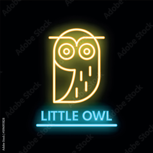 Stylized simple neon little owl icon glowing on dark background
