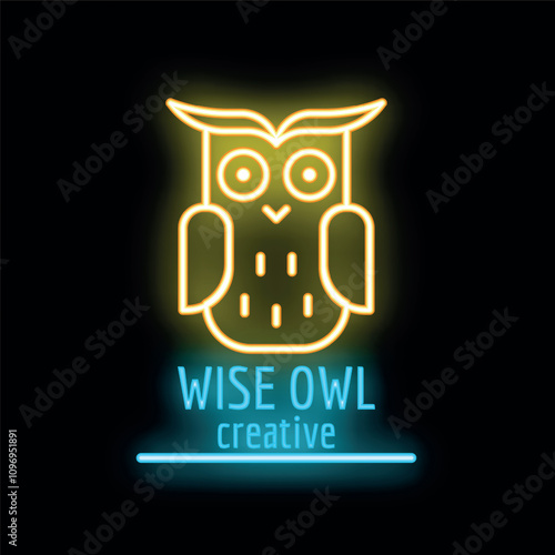 Yellow neon sign of a wise owl looking forward, on a black background