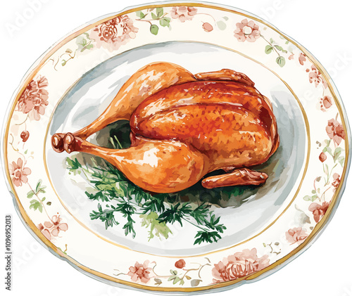 Watercolor Peking Duck: Chinese Imperial Dish on white, vector