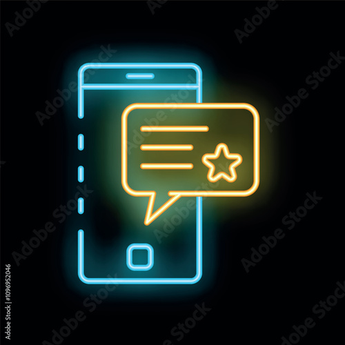 Bright neon icon of a smartphone displaying a chat bubble with a star, representing feedback or rating