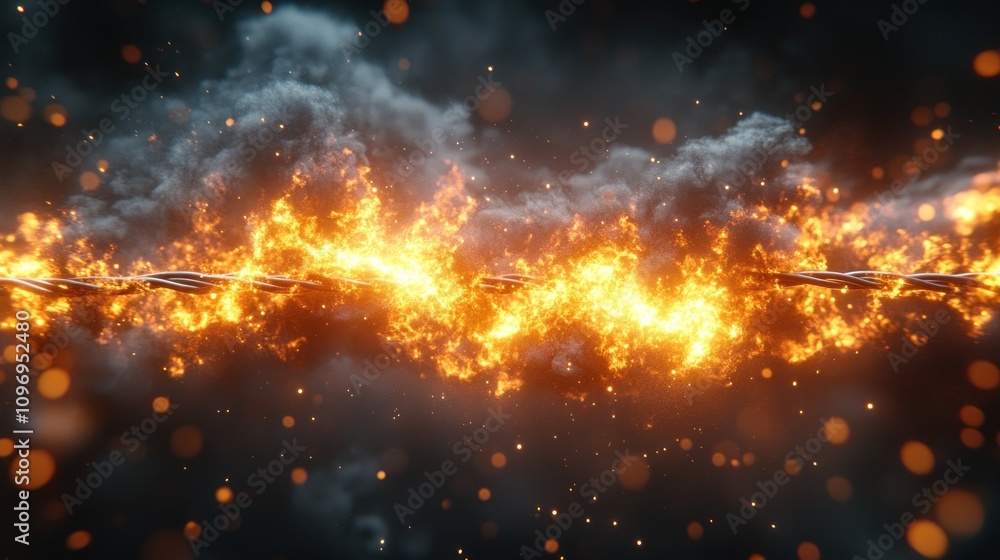 Burning Wire: A fiery digital art depicting a wire engulfed in flames, smoke and sparks, symbolizing destruction, tension, or breaking point. Burning Wire: A fiery digital art depicting a wire engulfed in flames, smoke and sparks, symbolizing destruction, tension, or breaking point.