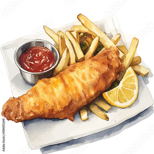 Fish and Chips: British Classic on white watercolor