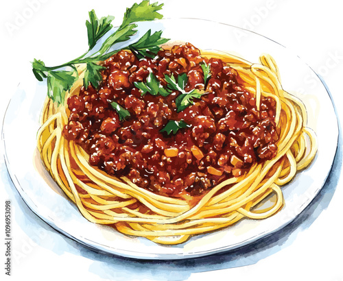 Spaghetti with sauce bolognese. Watercolor vector hand drawn illustration isolated on white background