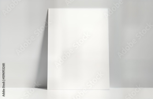 Blank white flyer mockup stands upright. Minimalist gray background. Clean design. Funeral announcement template. Empty space for text. Simple graphic. Modern marketing material. Perfect for print.