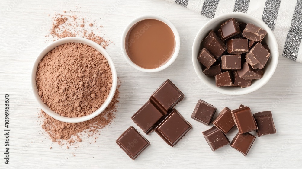Cacao chunks and chocolate pieces on a rustic wooden table with playful elements and rich textures captured from above Cacao chunks and chocolate pieces on a rustic wooden table with playful elements and rich textures captured from above