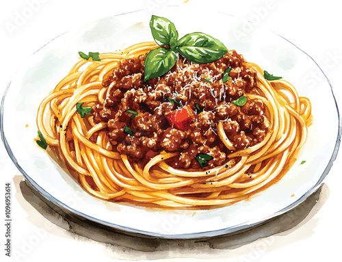 Spaghetti with sauce bolognese. Watercolor vector hand drawn illustration isolated on white background