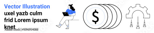 Woman working on laptop, stack of coins with dollar sign, and gear with connected nodes. Ideal for team collaboration, financial management, remote work, business strategies, efficiency, technology